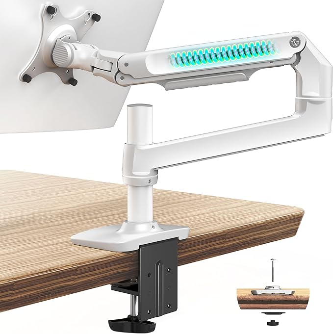 Ergounion Single Monitor Arm Desk Mount, Holds Screens up to 40 Inches and 25 lbs, Fully Adjustable Vesa Monitor Mount with C-Clamp and Grommet Base, Aluminum, White