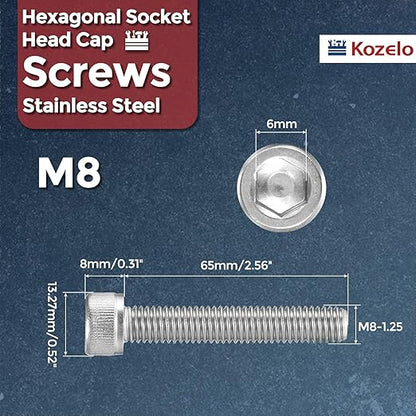 Kozelo 5pcs Socket Head Cap Screws - [M8-1.25 x 65mm] 304 Stainless Steel Allen Socket Drive for Electrical Motor 3D Printing Fan Engine Replacement Use, Silver