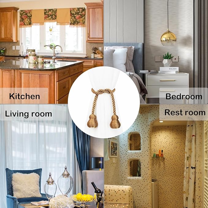 Nieffeiy Magnetic Curtain Tiebacks Outdoor Curtain Tie Backs Rope Decorative Magnetic Curtain Holders for Drapes Window Treatment Holdbacks, Khaki 4Pack