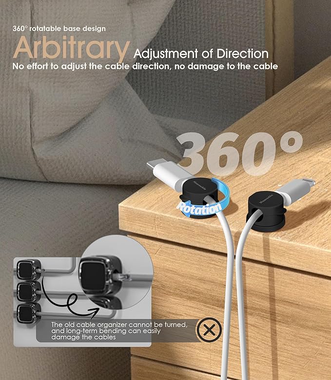 9 Pack Spring Cord Organizer Cable Clips [Locking Cable Rotatable], 2025 Latest Nearockle Phone Charging Cord Holder Cable Management for Car, Nightstand, Office Desk Accessories (Black)