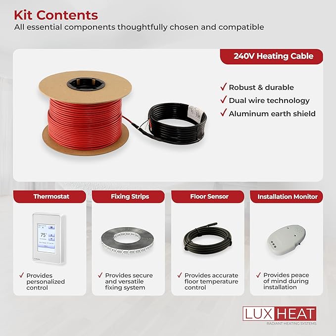 LuxHeat 200sqft Floor Heating Cable Kit - 240v Infloor Heat Kit for Tile - Heated Flooring System Includes UDG4 Programmable Thermostat w/GFCI, Heating Cable, Strapping, Floor Sensor & Alarm