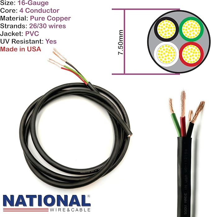 NATIONAL Wire & Cable – 16 AWG 4-Conductor Premium Copper Wire, 25 ft, Stranded | Made in USA, Heavy-Duty Flexible Jacket | LED, Lights, DIY Projects, Low Voltage Wiring, Indoor and Outdoor Use