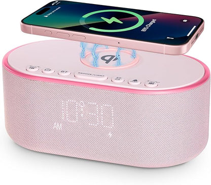 Odokee Wireless Charging Alarm Clock Radio: Qi Certified Fast Wireless Charger for iPhone Samsung - 10W Stereo Bluetooth Speaker - Dimmable Digital Clock with FM Radio for Bedroom Pink