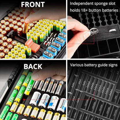 Aptbyte Battery Organizer Storage Holder Box Case with Tester- 269 Batteries Double-Sided Variety Pack, Holds AA AAA 4A C D Cell 9V 3V Lithium LR44 CR2 CR123 CR1632 18650 Button- Grey