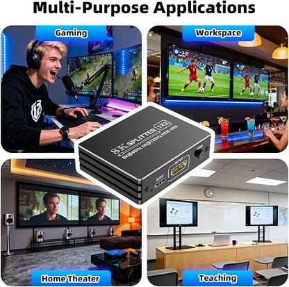 HDMI 2.1 Splitter 1 in 2 Out 4K 120Hz with 8K HDMI Cable and Power Adapter, BolAAzuL 8K 60Hz 1x2 HDMI Y Splitter with Audio Out for Dual Monitors Duplicate, Support HDCP 2.3 HDR for PS5/Xbox/PC/TV
