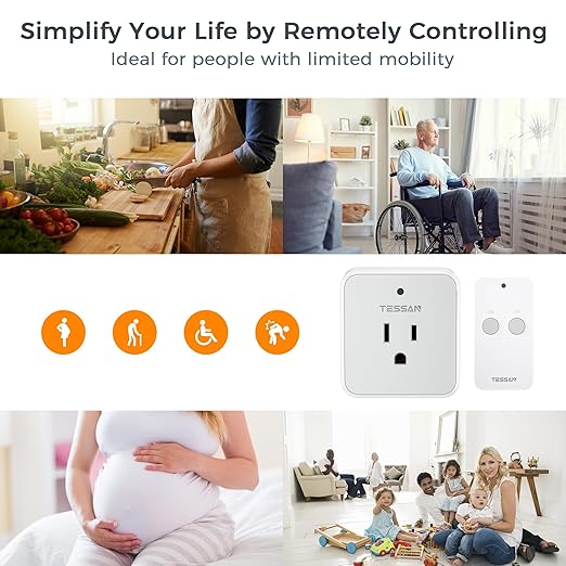 Remote Control Outlet, TESSAN Wireless Light Switch, On Off Switch Plug for Lights, Lamps, Fans, Household Appliances, 100ft RF Range, 15A/1875W(1 Remote + 1 Outlet)