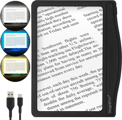 MagniPros 5X Rechargeable Large Ultra Bright LED Page Magnifier with Anti-Glare Lens & 3 Color Dimmable Light Modes, Relieve Eye Strain- Ideal for Reading Small Prints, Low Vision, Seniors