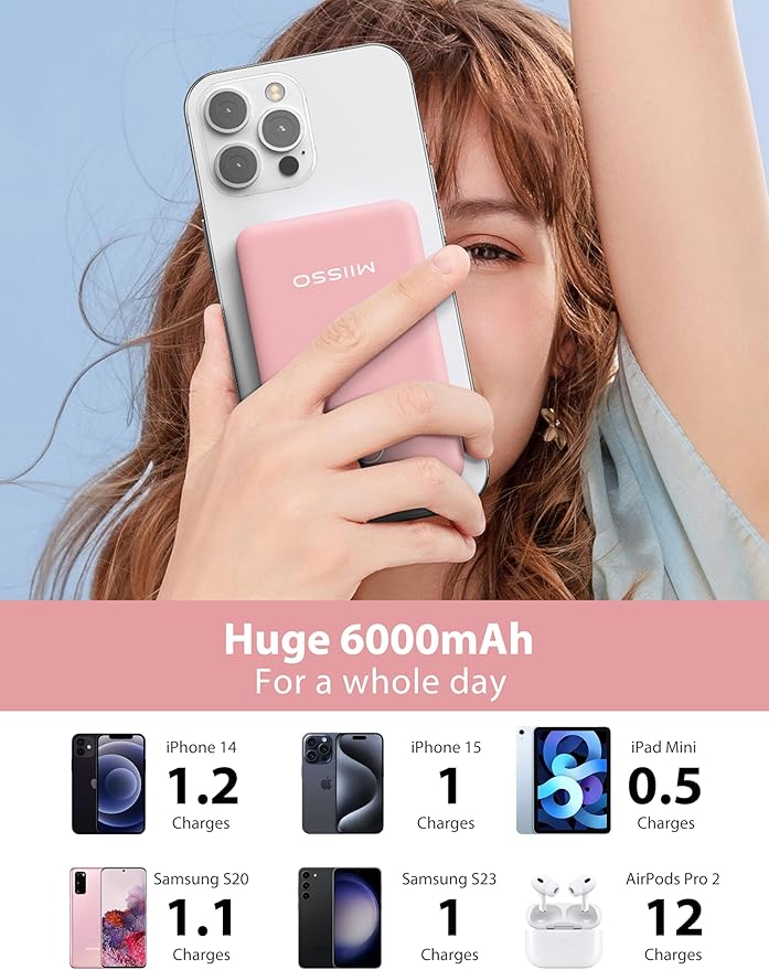 miisso 6000mah Ultra Slim Built in Cables Power Bank, Card Size Built in USB C Cords Battery Pack Portable Charger for Phones, 3 Output External Battery Pack Compatible with iPhone, Pink
