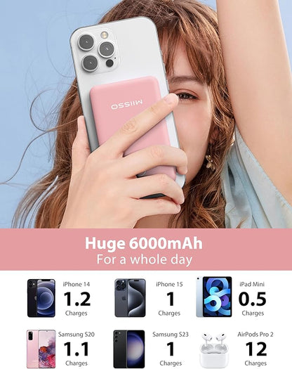 miisso 6000mah Ultra Slim Built in Cables Power Bank, Card Size Built in USB C Cords Battery Pack Portable Charger for Phones, 3 Output External Battery Pack Compatible with iPhone, Pink