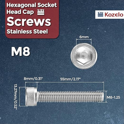 Kozelo 6pcs Socket Head Cap Screws - [M8-1.25 x 55mm] 304 Stainless Steel Allen Socket Drive for Electrical Motor 3D Printing Fan Engine Replacement Use, Silver