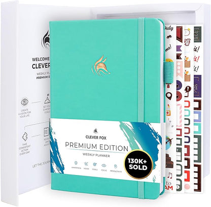Clever Fox Planner Premium Edition – Undated Luxurious Weekly & Monthly Planner to Increase Productivity and Hit Your Goals – Organizer – Start Anytime, A5, Lasts 1 Year, Light Turquoise (Weekly)