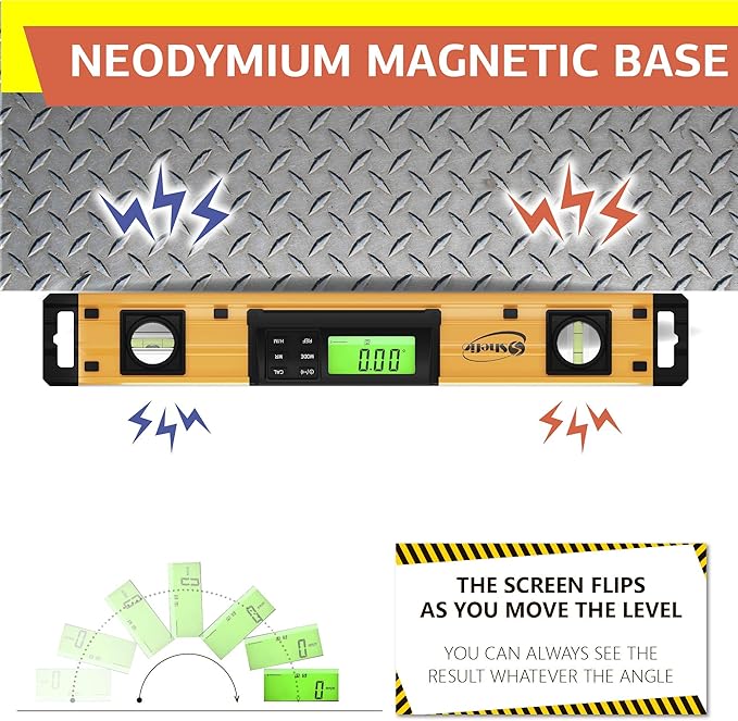 Shefio Digital Level - 18 Inch Magnetic, IP54 Dustproof and Waterproof - Protractor - Includes Batteries and Carrying Case