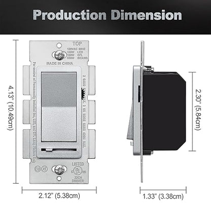 BESTTEN Matte Silver Dimmer Light Switch, Single Pole or 3-Way, Compatible with Dimmable LED, CFL, Incandescent and Halogen Bulb, 120VAC, Signature Collection Series, UL Listed