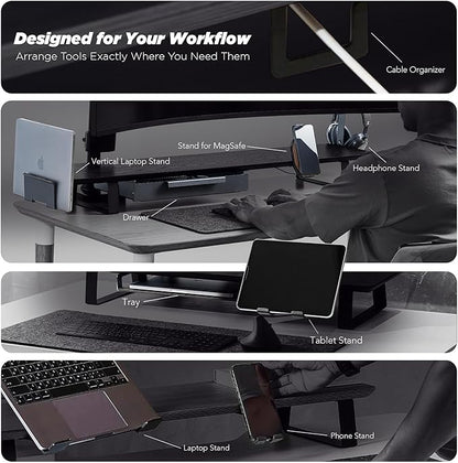 ULTRARM Moodular Wooden Monitor Stand 45.6” (116cm) Large Desk Organizer with Metal Slide Rails for Drawer, Tray, Laptop, Tablet, Phone & Headphones Customizable Riser for Organized Workspace Oak