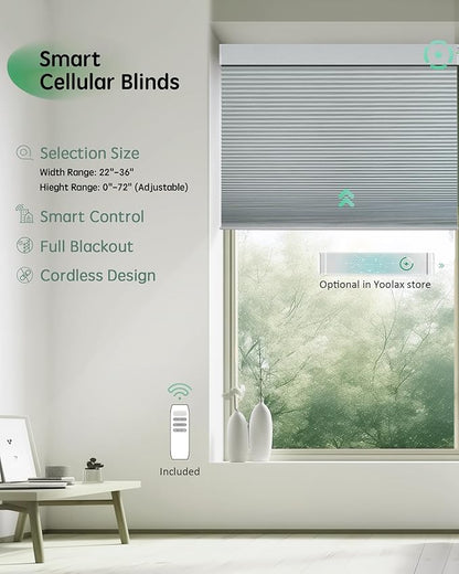Yoolax Smart Blinds, Motorized Cellular Shades Compatible with Alexa, Blackout Electric Blinds with Remote for Indoor Windows, Automatic Energy Saving Honeycomb Shades, White, 35" W x 72" H