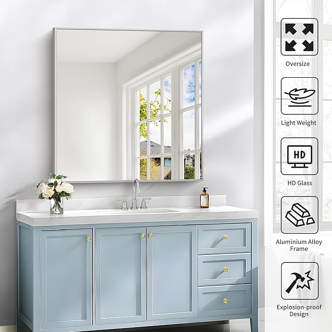 Silver Bathroom Mirror for Wall, 30x30 Inch Rectangle Mirrors with Metal Frame, Modern Vanity Wall Mirror Decor for Bathroom Living Room, Entryway Hangs Horizontal or Vertical