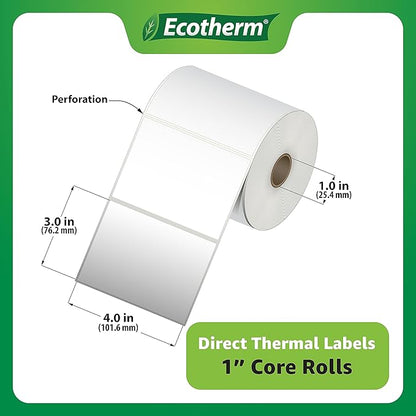 4" x 3" Thermal Labels | 4 Rolls | 2100 Labels | fits Zebra, Munbyn, Rollo, Godex, Arkscan, iDPRT, Offnova Thermal Label Printers and More | Blank White Adhesive Stickers by Ecotherm