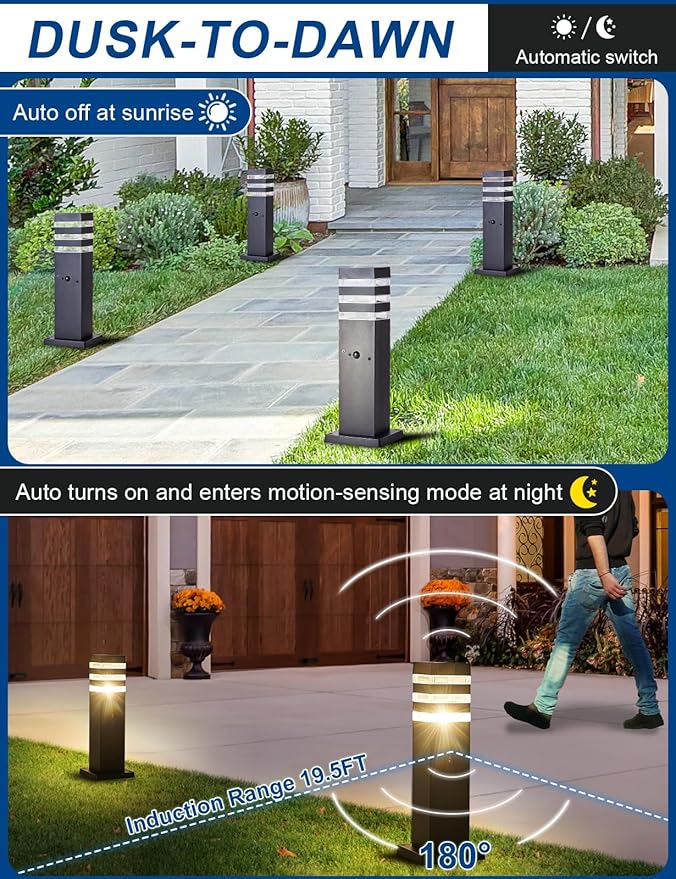 2Pack Motion Sensor Outdoor Floor Lamps Pathway Lights Dusk to Dawn Exterior Pillar Lamps Black Aluminum Poles Lights for Outside, Modern Landscape Path Lamp for Patio, Yard, Garden, Pathway, Driveway