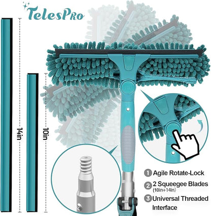TelesPro 20 Feet High Reach Window Squeegee with 5-12Ft Extension Pole, Window Cleaner Tool with 3-Stage Telescoping Pole, Window Cleaning Kit with Rotatable Head (2 Squeegee & 2 Microfibre Cloths)
