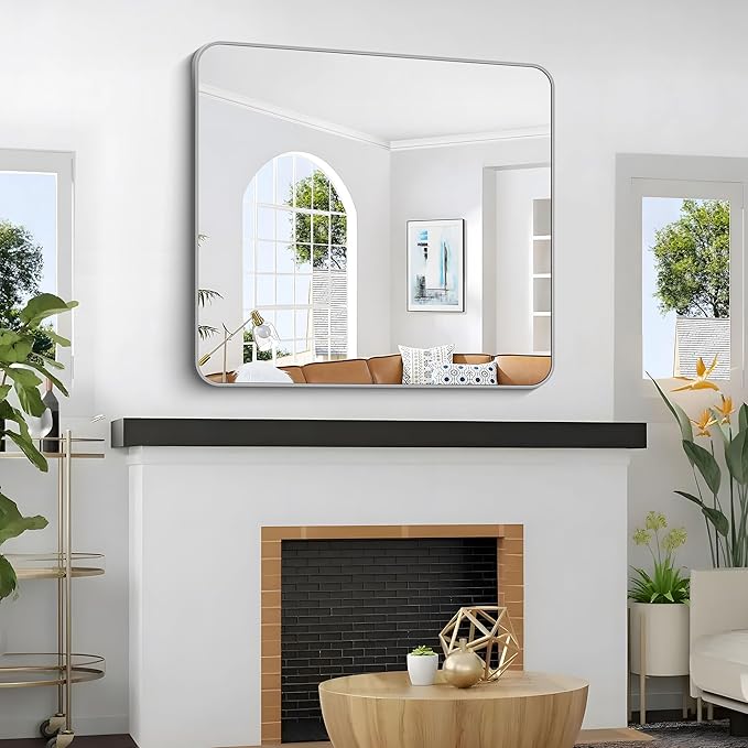 36x40 Inch Silver Bathroom Mirror, Metal Framed Silver Rectangle Mirrors, Rounded Rectangular Vanity Mirror, Wall Mounted Mirrors for Living Room Bedroom Entryway Hangs Horizontal or Vertical