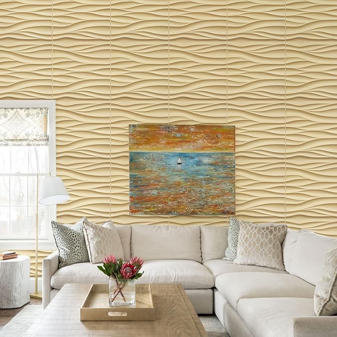 STICKGOO Wave Wall Panels for Interior Wall Decor, Light Oak 3D Wall Panels Accent Wall, Paintable 3D Wall Decor Covering Panels for Living Room Bedroom, Pack of 12 Tiles