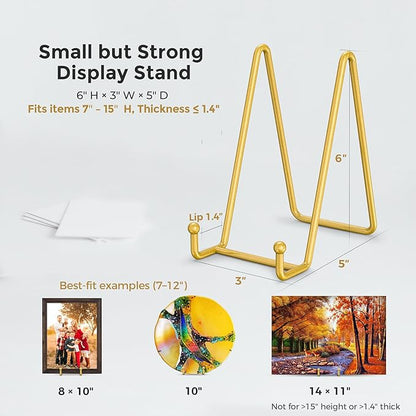 TR-LIFE Plate Stands for Display - 6 Inch Plate Holder Display Stand + Metal Frame Holder Stand for Picture, Decorative Plate, Photo Easel, Tabletop Art (Gold 2 Pack)