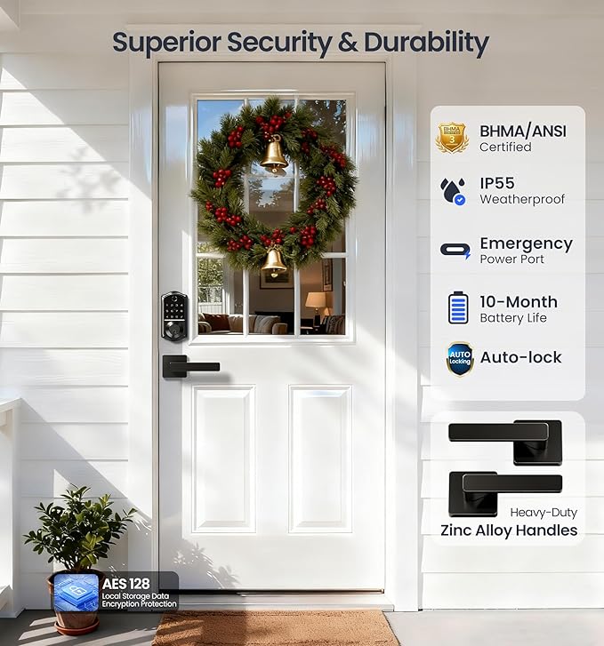 Veise VE017-B Fingerprint Smart Lock for Front Door, App Control, 7-in-1 Keyless Entry Deadbolt with 2 Zinc Alloy Lever Handles Set, Emergency Power Port, Auto Lock, Electronic Keypad, Black