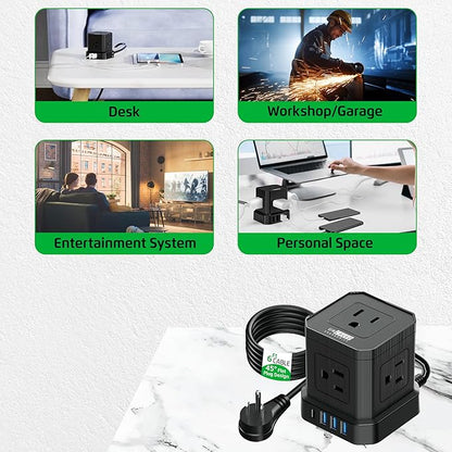 Cube Power Strips with Surge Protection, 6ft Extension Cord with Multiple Outlets, 5 Ac Plugs, 3 USB, 1 Usbc Fast Charging Power Strip with USB Ports, Mountable On/Off Switch Charging Station