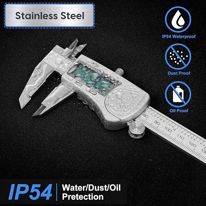 Digital Caliper Measuring Tool, IP54 Waterproof Electronic Micrometer Caliper, Stainlee Steel Vernier Caliper with Large LCD Screen, Inch Metric Fraction Conversion, 6 Inch for Household/DIY