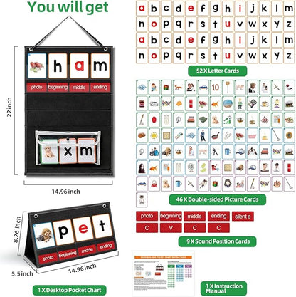 CVC Word Builder Desktop Pocket Chart with 107 Phonics Flash Cards, Kids Word Builder Games for Learn to Read CVC CVCC CCVC Words, Phonics Learning Tool for Preschool Kindergarten Classroom.