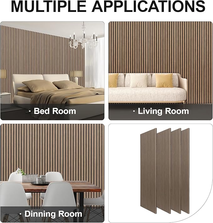 Yuzzy Acoustic Wood Slat Wall Panels - 48" x 22" Dark Walnut Fluted Sound Absorbing Panel for Wall and Ceiling - 4 Pcs Wall Panels for Interior Wall Decor for Homes, Offices, Studios
