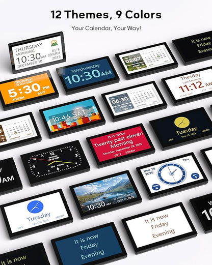 10.1" Large Digital Clock with Date and Day for Elderly, Remote Control Digital Calendar with 12 Themes, Auto Dimming, 23 Customizable Schedules, AutoDST, Indoor Temperature & Humidity, Wall Mounted