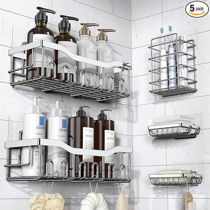 EUDELE 5-Pack Rustproof Stainless Steel Shower Caddy – No Drill Adhesive Bathroom Organizer with Large Capacity, Spacious Shower Shelves for Inside Shower, Kitchen & Home Decor Storage-XL Size