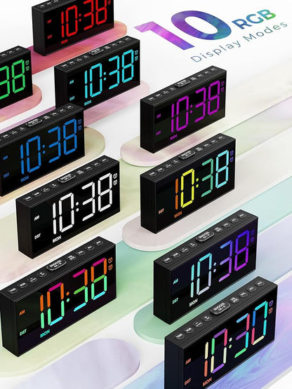PPLEE RGB Digital Alarm Clock for Bedrooms with Day Display, Loud Dual Alarms for Heavy Sleepers, Plug-in Bedside Clock with USB Charging, Dimmable Large LED Display, Snooze for Kids Teens Boys Girls