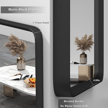 48x36 Black Matte Bathroom Mirror for Wall, Black Metal Framed Vanity Mirror for Bathroom, Rounded Rectangle Mirror with Beveled Border, Anti-Rust, Shatterproof (Horizontal/Vertical)
