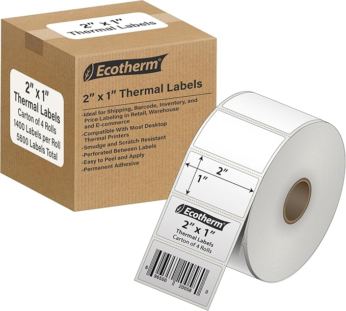 2"x1" Thermal Labels for Rollo, Munbyn, Zebra, Godex, Arkscan, iDPRT, Offnova Printers and More - White Paper Stickers - Small Multipurpose Barcode Labels | 5600 Labels | 4 Rolls | by Ecotherm