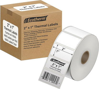 2"x1" Thermal Labels for Rollo, Munbyn, Zebra, Godex, Arkscan, iDPRT, Offnova Printers and More - White Paper Stickers - Small Multipurpose Barcode Labels | 5600 Labels | 4 Rolls | by Ecotherm