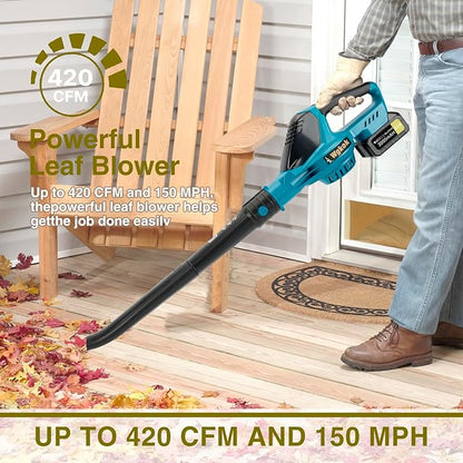 Wgkok Leaf Blower Cordless - 21V 5-Speed Mode Electric Cordless Leaf Blower with 2 Batteries and Charger, 2.0Ah Lightweight Battery Powered Leaf Blowers for Lawn Care, Patio, Blowing Leaves (Blue)
