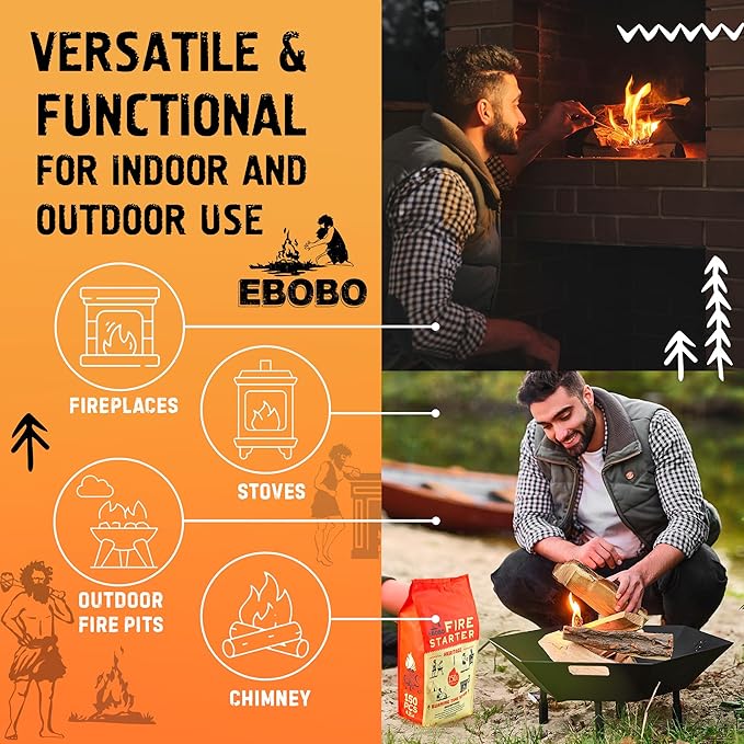 150 pcs Natural Fire Starters for Fireplace, Wood Stove, Charcoal Grill, BBQ, Fire Pit & Smoker – Wood Wool & Wax Rolls – Easy to Light, No Prep, No Mess