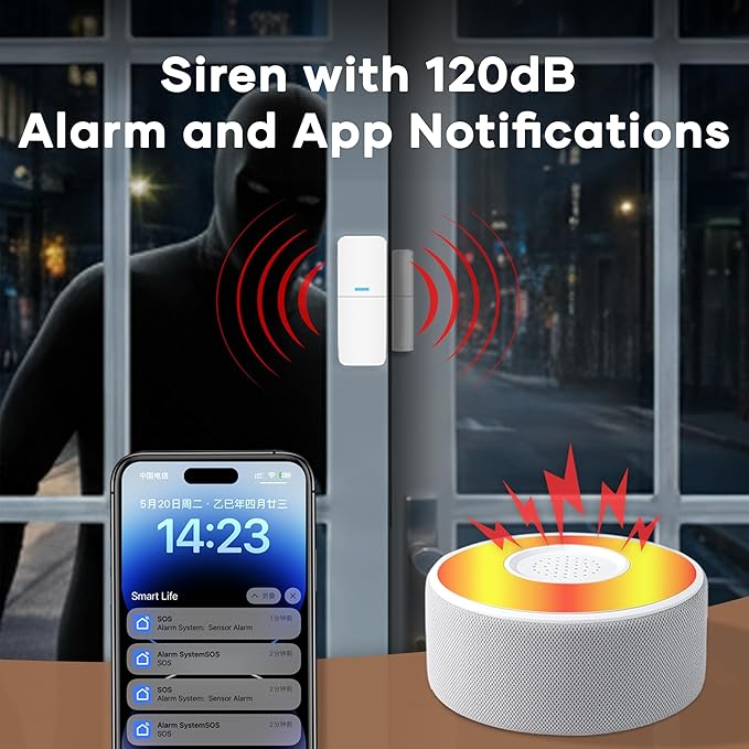 tolviviov WiFi Smart Door/Window Alarm System 8-Piece Kit – App Alerts, Compatible with Alexa, No Monthly Fee, Expandable DIY Wireless Home Security, 1 Siren, 5 Sensors & 2 Remotes (8 Pack)