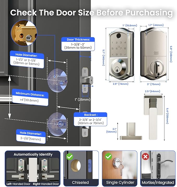 Veise VE017-B Fingerprint Smart Lock for Front Door, App Control, 7-in-1 Keyless Entry Deadbolt with 2 Zinc Alloy Lever Handles Set, Emergency Power Port, Auto Lock, Electronic Keypad, Satin Nickel
