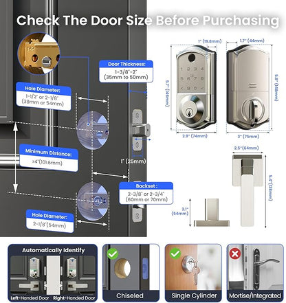 Veise VE017-B Fingerprint Smart Lock for Front Door, App Control, 7-in-1 Keyless Entry Deadbolt with 2 Zinc Alloy Lever Handles Set, Emergency Power Port, Auto Lock, Electronic Keypad, Satin Nickel