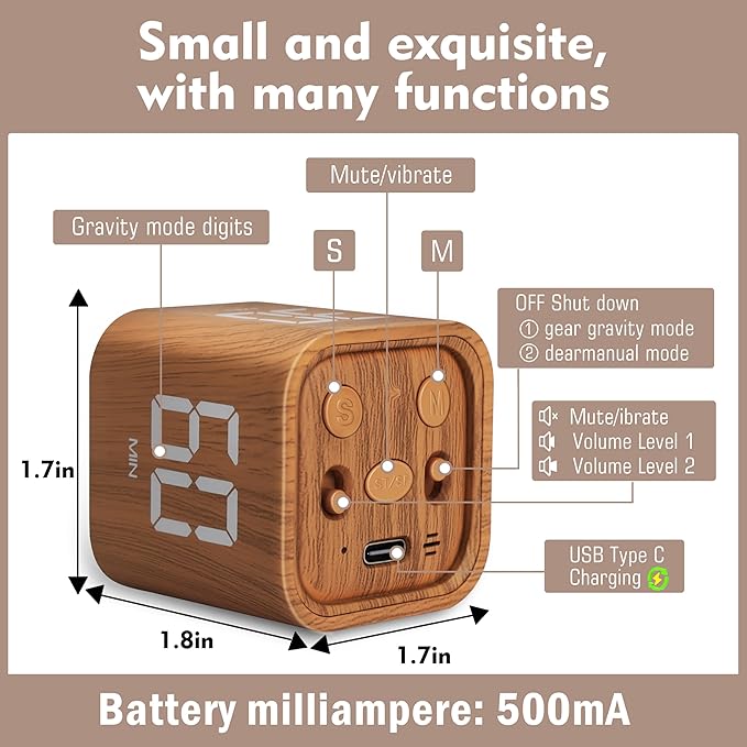 VEWINGL Cube Productivity Timer, 5/10/30/60 Min Presets + Custom Countdown, Silent/Vibrate/Sound Alarm, Pause & Resume, Desk Timer for Work, Study, Tasks, Kitchen