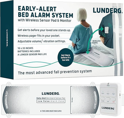 Lunderg Early Alert Bed Alarm for Elderly Adults - Wireless Sensor Pad & Pager - with Pre-Alert Smart Technology - Safety Bed Alarms and Fall Prevention for Elderly and Dementia Patients
