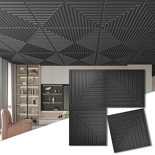Art3d 12-Pack Drop Ceiling Tiles 2x2 FT, PVC 3D Textured Panels for Interior Wall Decor Living Room Bedroom Office, 24x24 Inch, Black