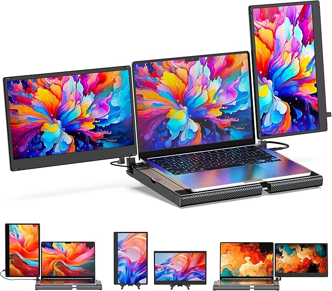 Laptop Screen Extender F3, Triple Portable Monitor 14-inch 360 Degrees Rotation with Stand, IPS FHD 1080P Workstation for Windows/Mac/Linux/Chrome Compatible with Notebook/Mini PC