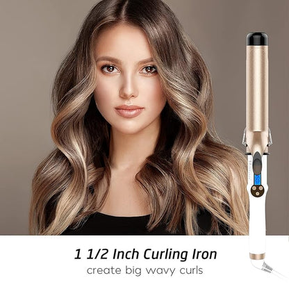 Hoson 1 1/2 Inch Curling Iron Large Barrel, 1.5 Inch Long Barrel Curling Wand Dual Voltage, Ceramic Tourmaline Coating with LCD Display, Glove Include