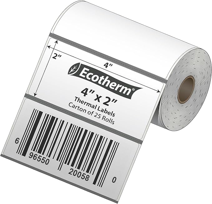 4" x 2" Mobile Printer Labels | 25 Rolls | 7500 Labels | fits Zebra ZQ630, QL420, and QLn420 Printers | Black Mark On Liner | .75" Core Rolls | by Ecotherm