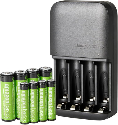 Amazon Basics NiMh Rechargeable Batteries (4 AA & 4 AAA) with 4 Bay Battery Charger, Type A (American) Plug, Black, 8 Count