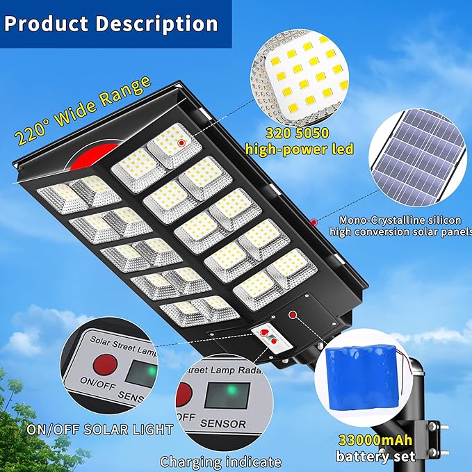 Ofuray Of-6000W Solar Street Lights Outdoor,400000Lm Solar Streets Light Parking Lot Lights Commercial Dusk to Dawn, 6500k Waterproof Led with Remote Control Motion for Street,Court,Barn